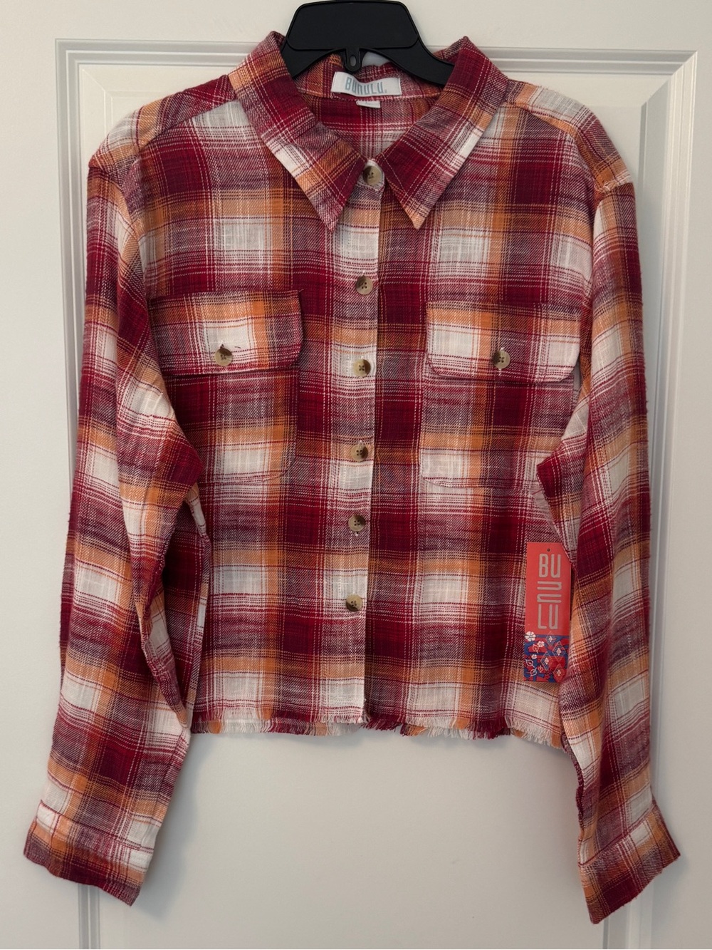 NWT Bunulu Cropped Red & Orange Plaid Button-Up Shirt